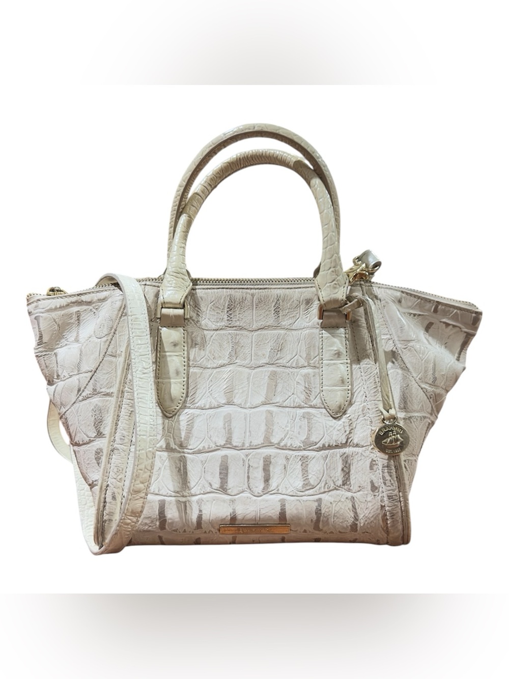 BRAHMIN Croc-Embossed White Leather Satchel Handbag